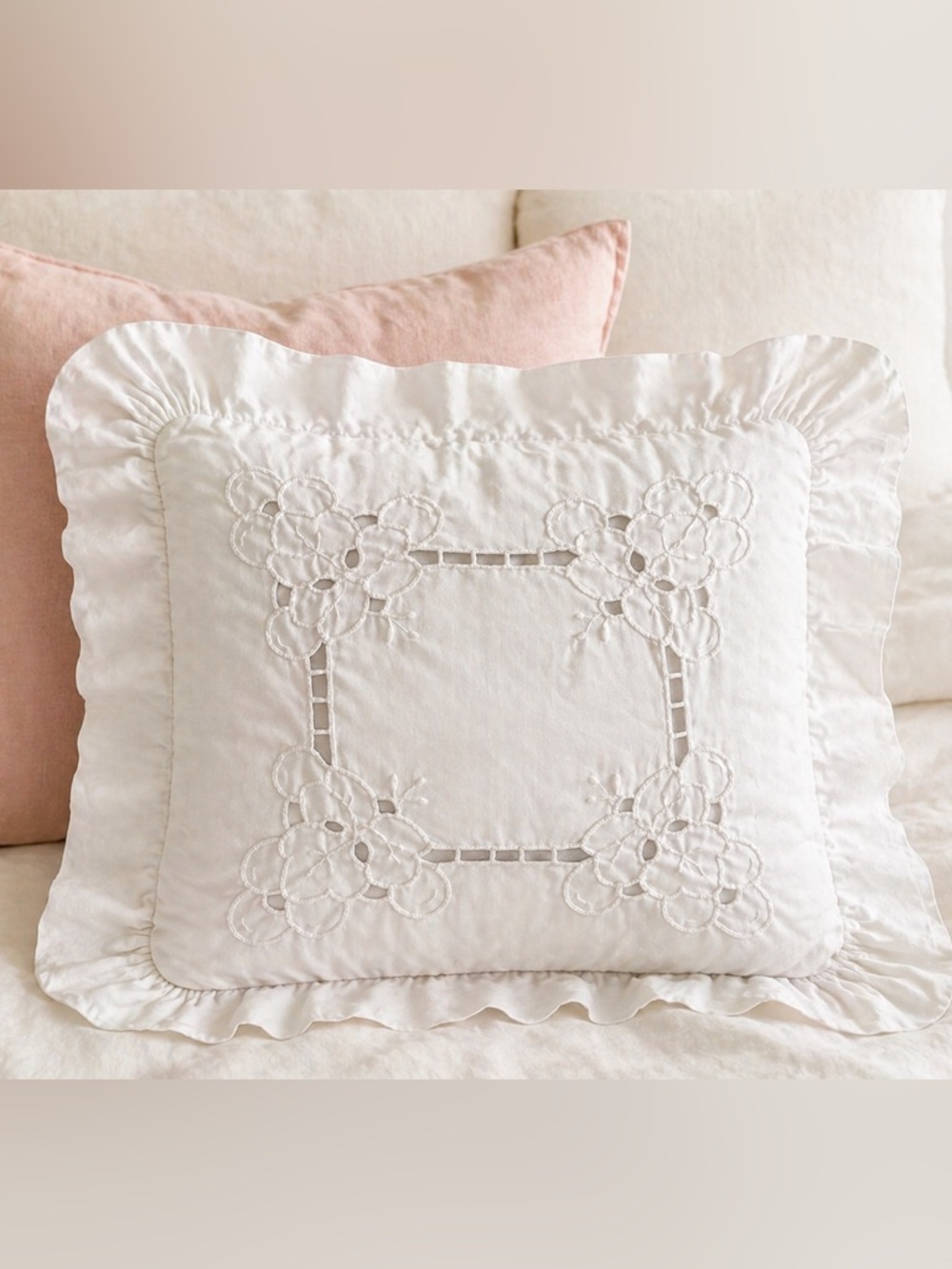 Vintage White Cutwork Embroidered Pillow Cover Handmade Cotton Ruffle Cottage